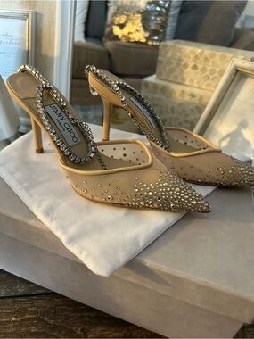 Jimmy Choo Beige Crystal-Embellished Slingback Pumps